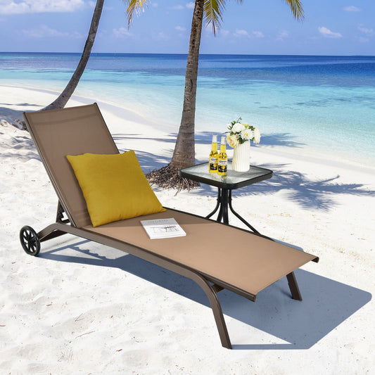 Adjustable Chaise Lounge with Smooth Wheels and Quick-drying Fabric-Coffee