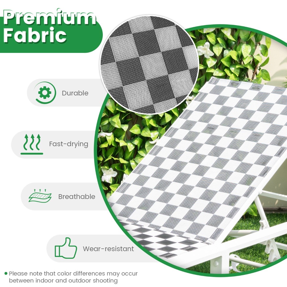 Adjustable Patio Chaise Lounge with Wheels and Breathable Fabric and Sturdy Metal Frame