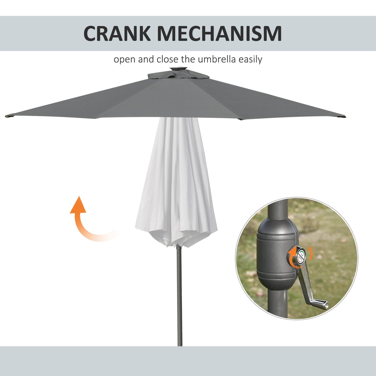 Outsunny 2.7m Garden Parasol, Patio LED Umbrella with Push Button Tilt/Crank 8 Rib Sun Shade for Outdoor Table Market Umbrella Grey