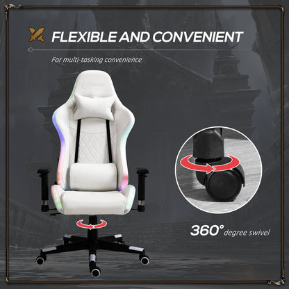 Vinsetto Gaming Chair w/ RGB LED Light, Arm, Swivel Home Office Gamer Recliner, White