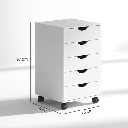 HOMCOM 5 Drawer Mobile Filing Cabinet, Vertical File Cabinet, Modern Rolling Office Storage Organizer Cupboard, White