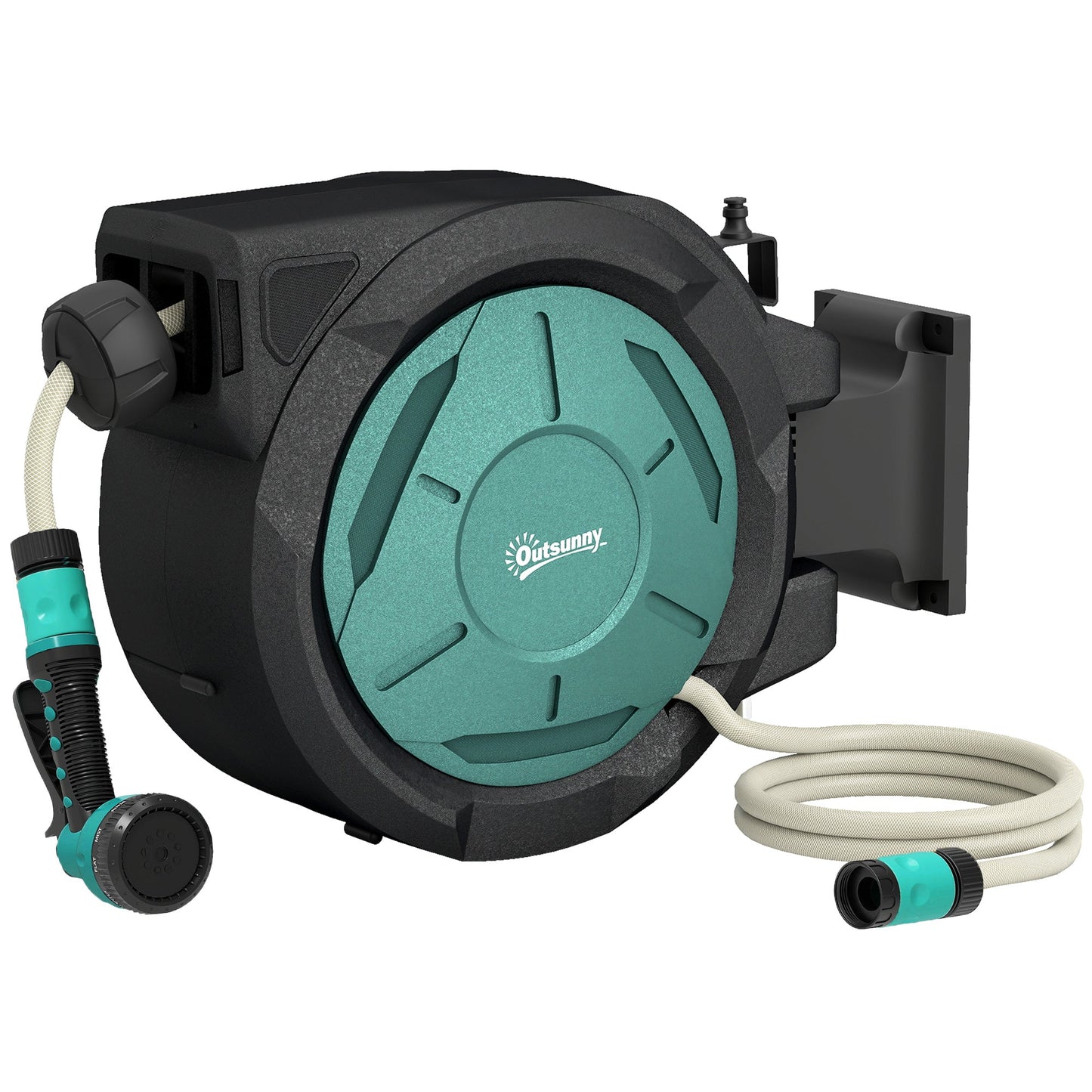 Outsunny Retractable Hose Reel Wall Mounted, 20+2m Garden Hose Pipe Reel with Lock, Auto Rewind, 7 in 1 Spray Nozzle, Includes Wall Fixings, 180Â° Swivel, Outdoor Watering, 54 x 20 x 39 cm, Black