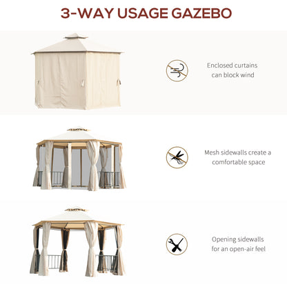Outsunny 3 x 3(m) Hexagon Gazebo Patio Canopy Party Tent Outdoor Garden Shelter w/ 2 Tier Roof & Side Panel - Beige
