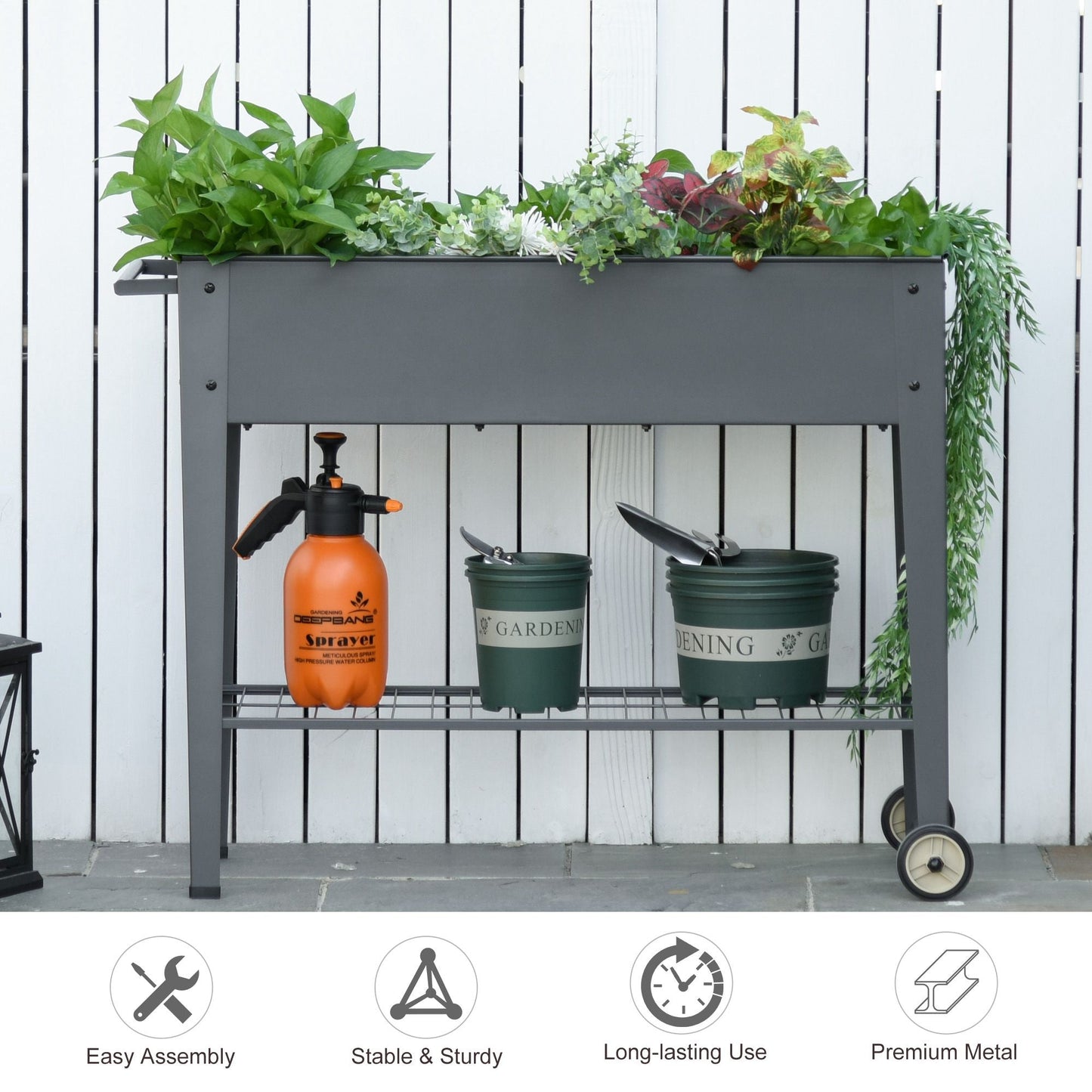 Raised Garden Bed with Wheels and Bottom Shelf Outdoor 104 x 39 x 80cm