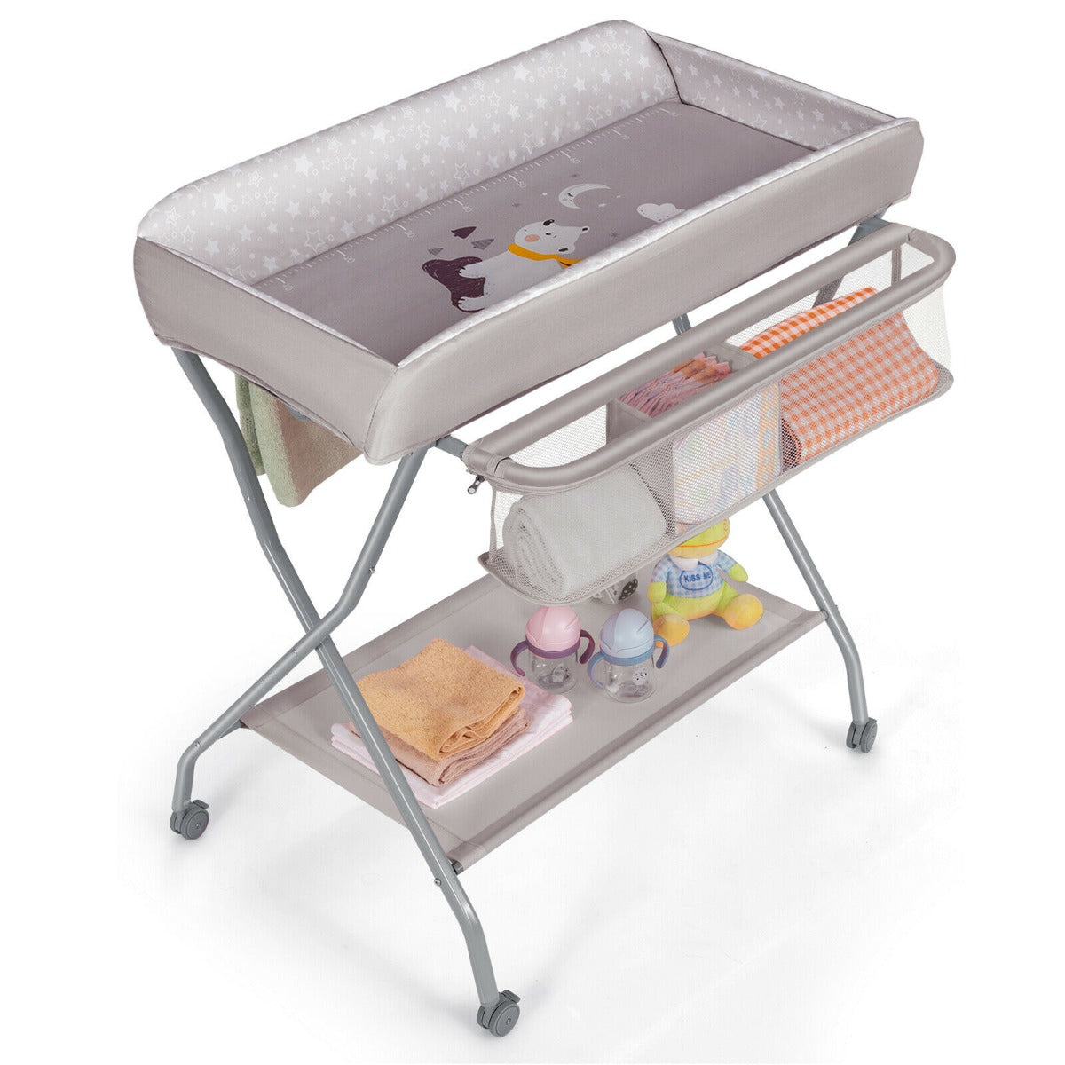 Rolling Baby Changing Table with Large Storage Basket-Grey