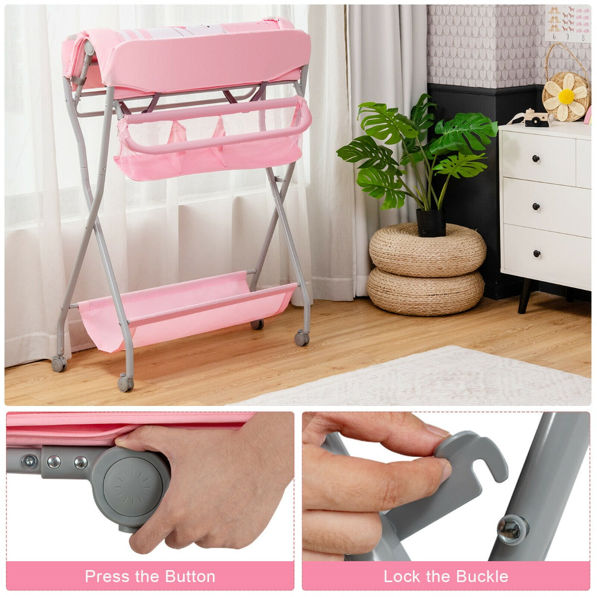 Rolling Baby Changing Table with Large Storage Basket-Pink