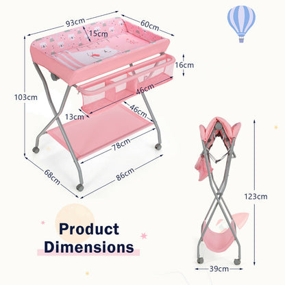 Rolling Baby Changing Table with Large Storage Basket-Pink