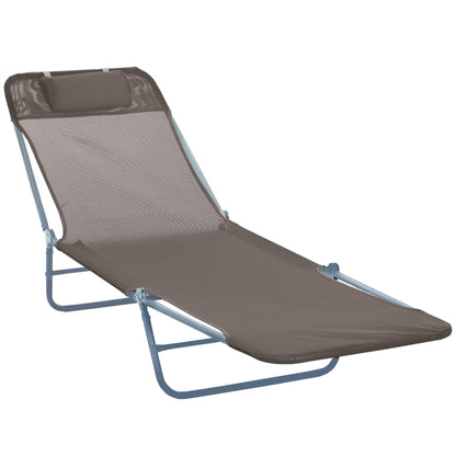 Outsunny Outdoor Foldable Sun Lounger, Adjustable Backrest Garden Recliner Sun Lounger Chair with Headrest Pillow, Coffee