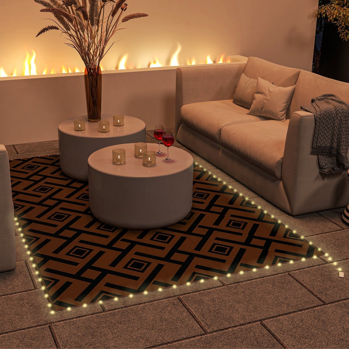 Outsunny Plastic Straw Reversible RV Outdoor Rug with LED String Light, 182 x 274cm, Brown and Black