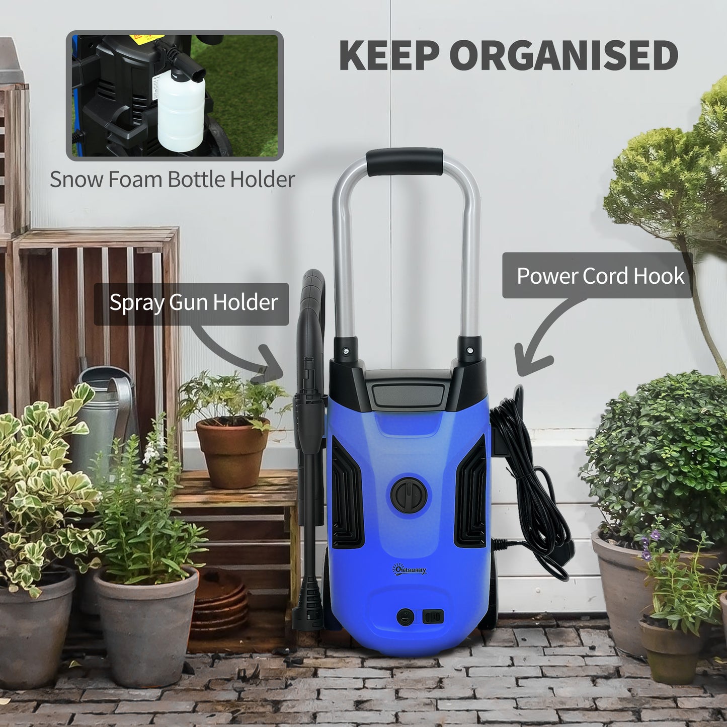 Outsunny 1800W High√Ç Pressure√Ç Washer, 150 Bar Pressure, 420 L/h Flow, Portable Power Washer Jet Wash Cleaner with Adjustable Nozzle, 6M Hose, Steel Handle for Home Patio Car Driveway, Blue