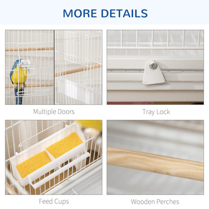 PawHut Large Bird Cage Aviary for Finch Canaries, Budgies with Rolling Stand, Slide-out Tray, Storage Shelf, Wood Perch, Food Containers, White