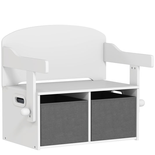 AIYAPLAY 3 in 1 Kids Storage Bench, Convertible Children Table and Chair Set with 2 Fabric Bins, Toy Storage Box, White