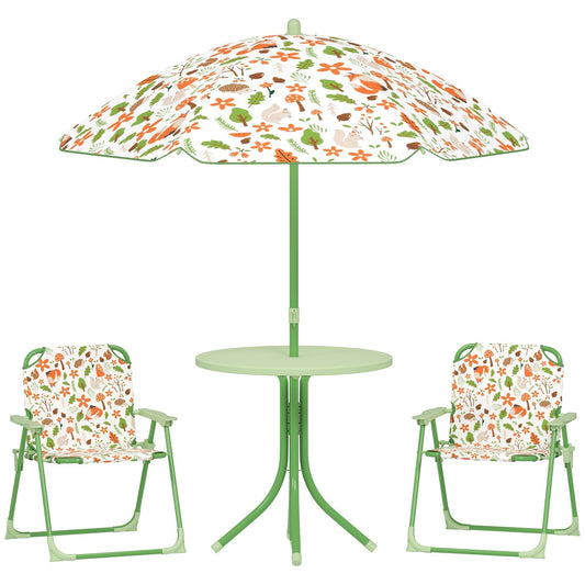 AIYAPLAY 4-Piece Kids Garden Table and Chair Set with Adjustable Parasol, Folding Chairs, Table, Nature Pattern, Green
