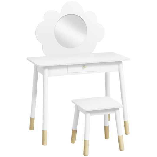 AIYAPLAY Kids Dressing Table with Mirror, Stool, Drawer, Cloud Design, White