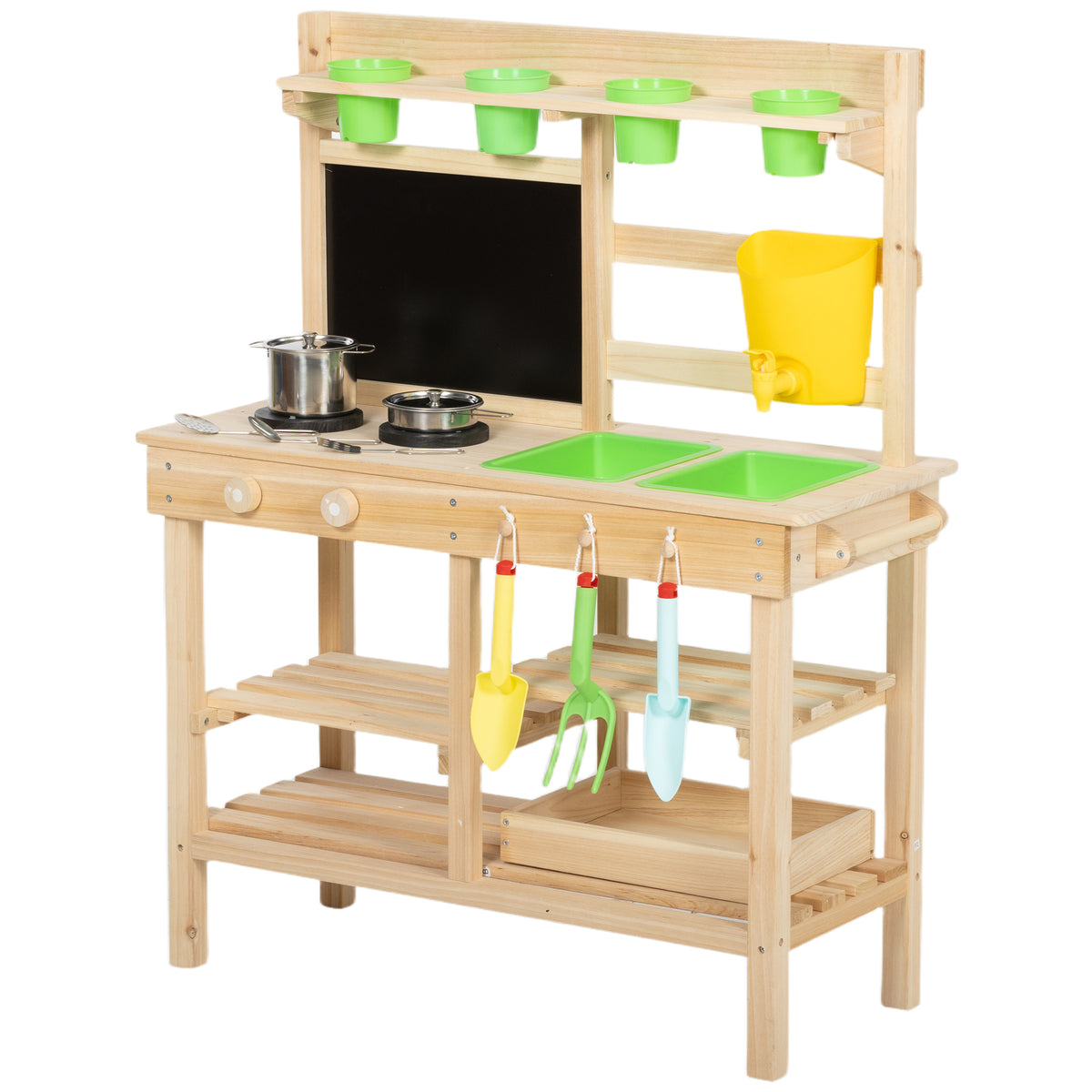 AIYAPLAY Kids Mud Kitchen, Outdoor Wooden Play Kitchen with Kitchenware & Garden Tools, Pretend Play Outdoor Toys, Natural