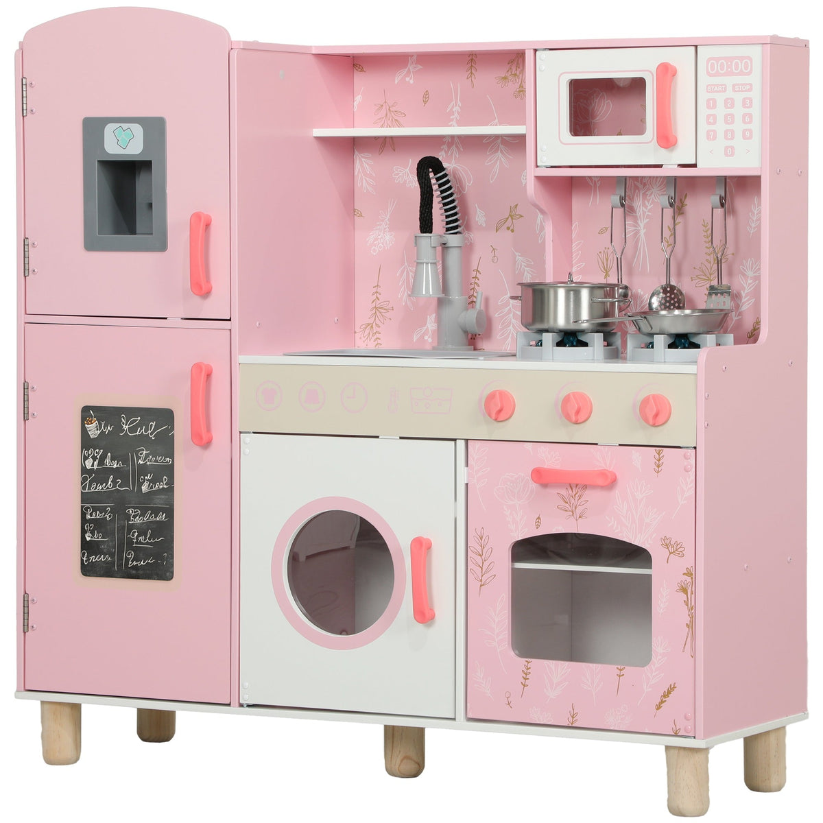 AIYAPLAY Play Kitchen, Kids Kitchen Set with Lights and Sounds, Double Stoves, Ice Maker, Chalkboard for 3+ Years, Pink