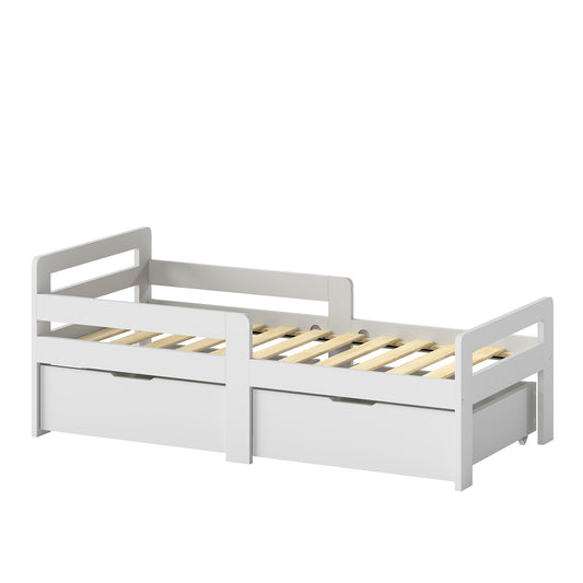 AIYAPLAY Wooden Kids Bed Frame with 2 Storage Drawers and Guard Rails for Ages 4-14, 144 x 76 x 57 cm (No Mattress), Grey