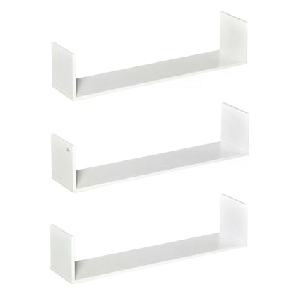 HOMCOM Set of 3 Wooden U-Shaped Floating Shelves Set Wall Mounted Hanging Bookshelf CD DVD Storage Display for Bedroom Living Room Kitchen, White
