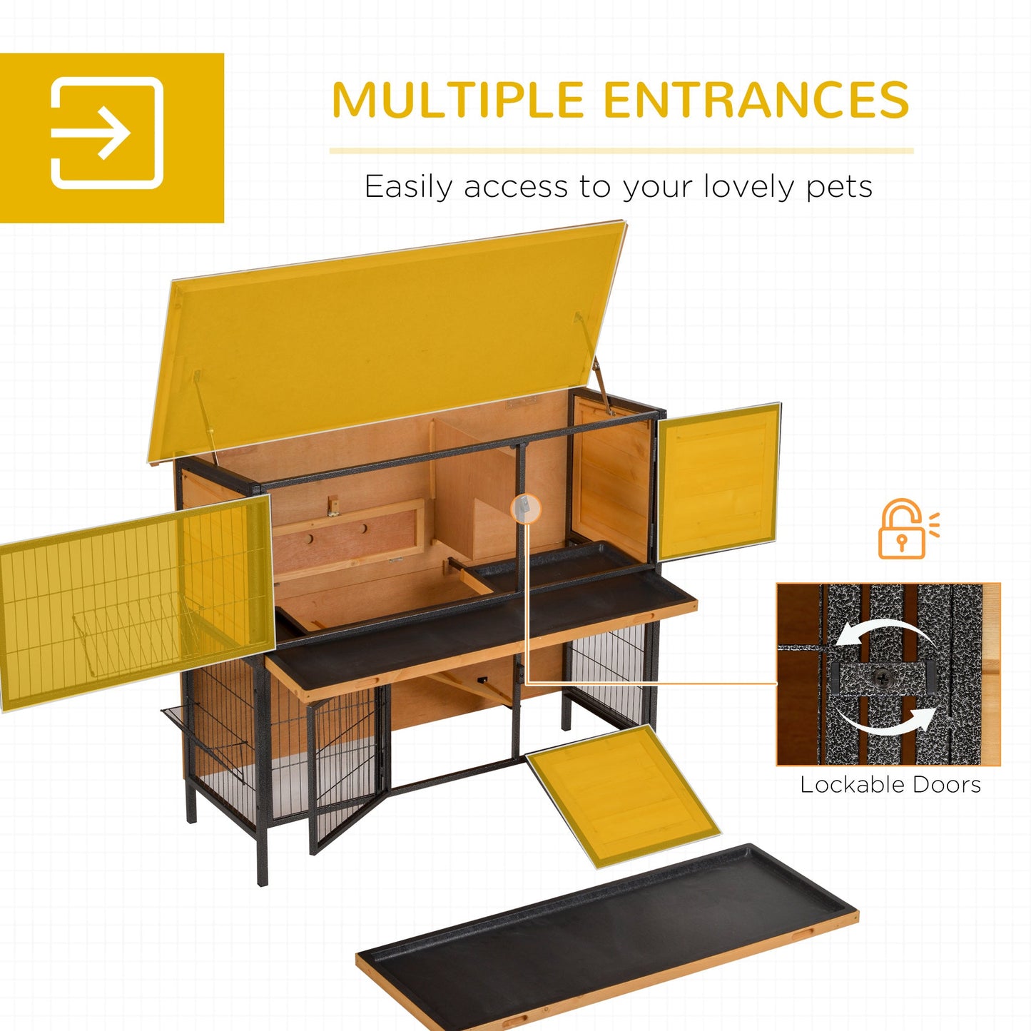 PawHut Rabbit Hutch Outdoor Guinea Pig Hutch Bunny Cage Metal Frame with No-Leak Tray Openable Roof Light Yellow 122 x 50 x 101cm