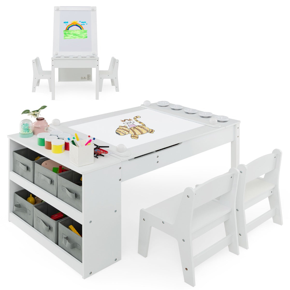 3 in 1 activity table &amp; easel with liftable table top &amp; 6 fabric containers &amp; paper roll white