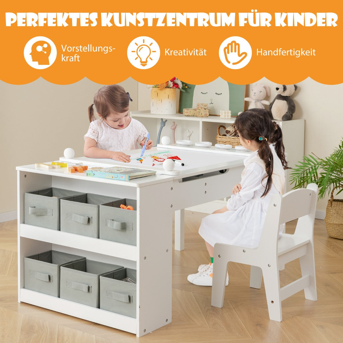 3 in 1 activity table &amp; easel with liftable table top &amp; 6 fabric containers &amp; paper roll white