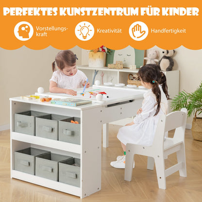 3 in 1 activity table &amp; easel with liftable table top &amp; 6 fabric containers &amp; paper roll white