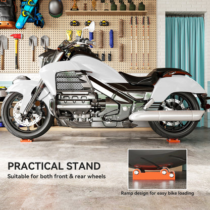 Stojak rolkowy do czyszczenia kół motocyklowych HOMCOM ze stalową ramą, rolki aluminiowe, stojak do konserwacji motocykli do czyszczenia opon i smarowania łańcucha, pasuje do szerokości opony &lt; 180 mm, rowery &lt; 485 funtów, pomarańczowy