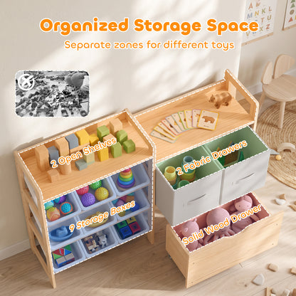 AIYAPLAY Wooden Toy Storage Unit with Rolling Toy Chest, 2 Fabric Drawers, 2 Shelves and 9 Bins for Bedroom, Playroom, Nursery