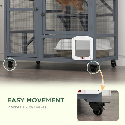 PawHut Cat House, Drewniany kryty koci domek na kółkach, Drewniana klatka dla kota z platformami, hamak, jasnoszary