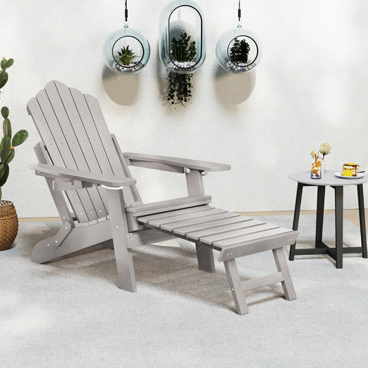 All-Weather HIPS Lounge Patio Adirondack Chair with Retractable Footrest-Grey