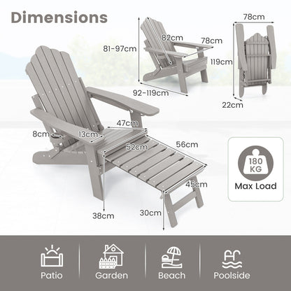 All-Weather HIPS Lounge Patio Adirondack Chair with Retractable Footrest-Grey