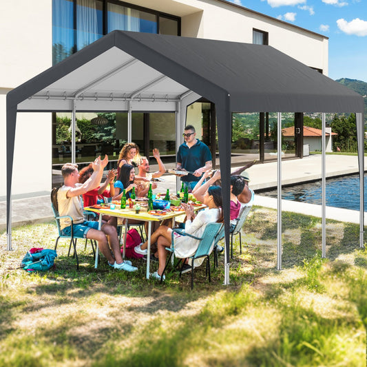 All-Weather Outdoor Car Shelter with 8 Removable Sidewalls and Roll-up Doors-Grey