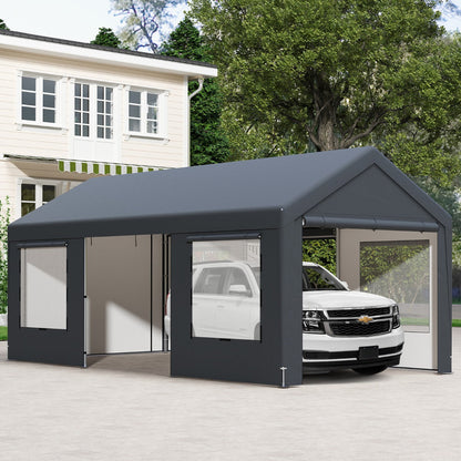 All-Weather Outdoor Car Shelter with 8 Removable Sidewalls and Roll-up Doors-Grey