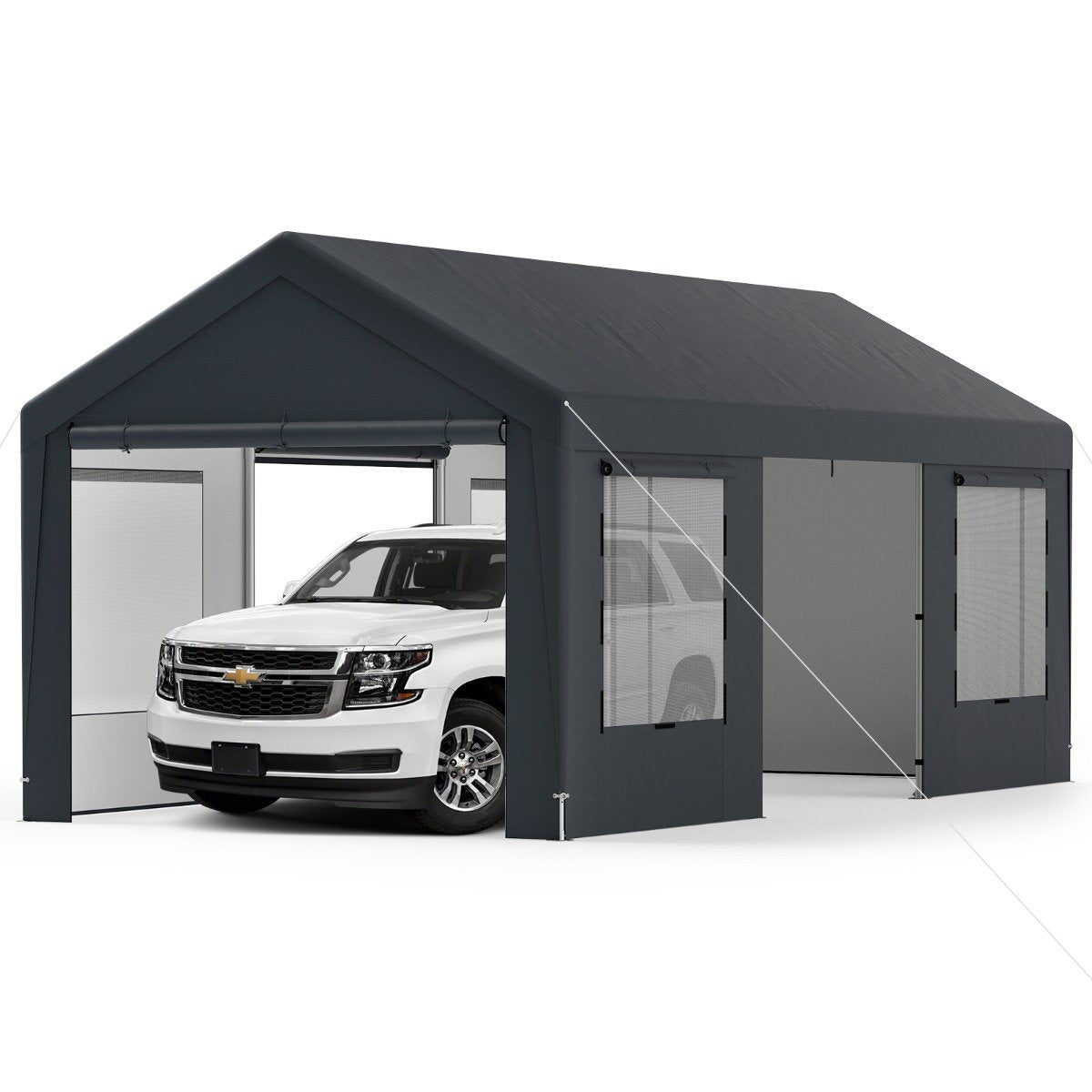 All-Weather Outdoor Car Shelter with 8 Removable Sidewalls and Roll-up Doors-Grey
