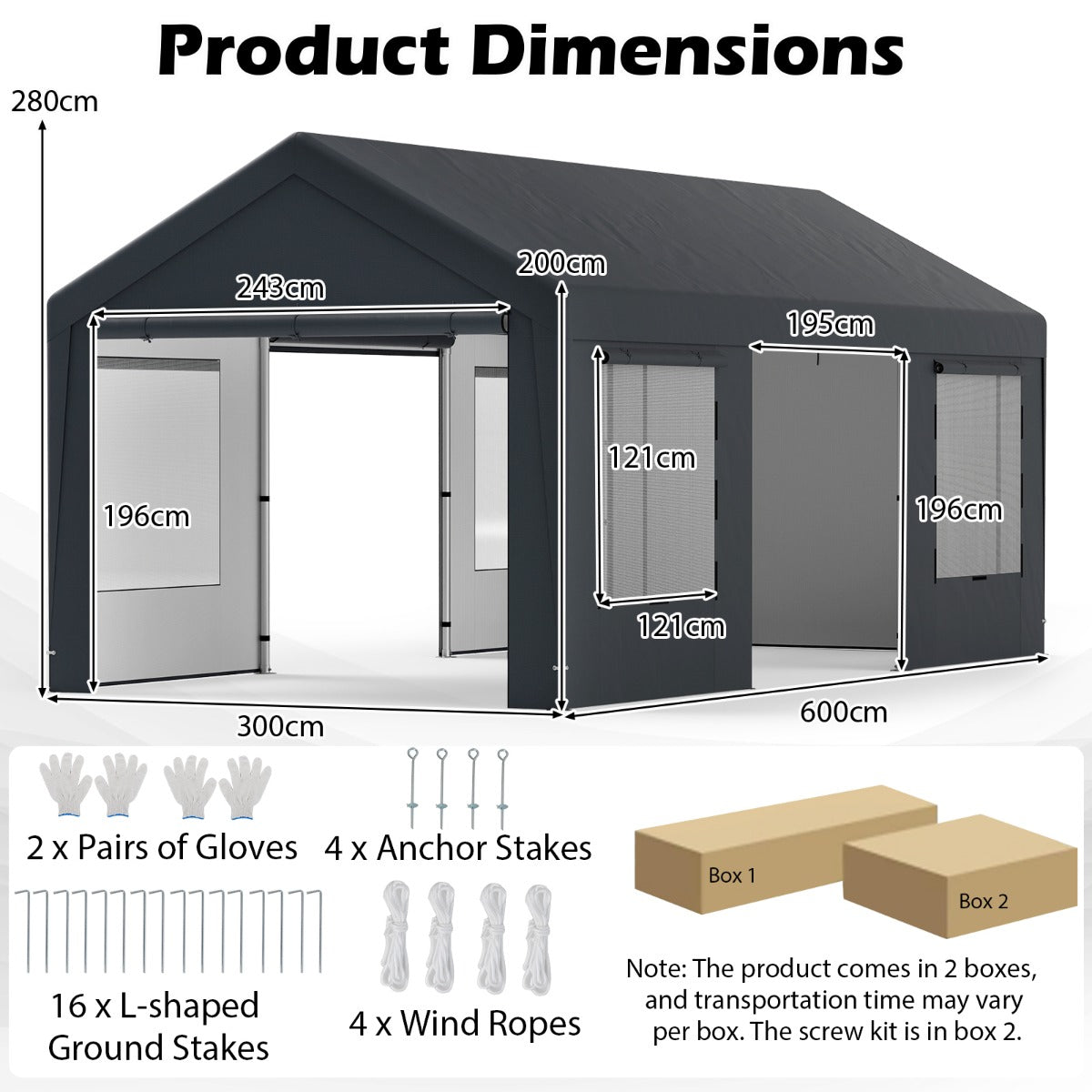 All-Weather Outdoor Car Shelter with 8 Removable Sidewalls and Roll-up Doors-Grey