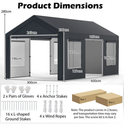 All-Weather Outdoor Car Shelter with 8 Removable Sidewalls and Roll-up Doors-Grey