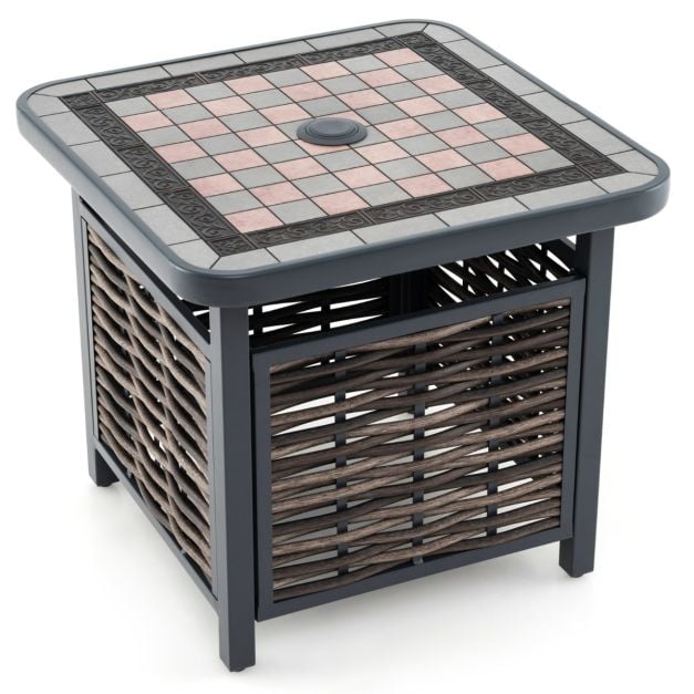 55cm Outdoor PE Rattan Side Table with Umbrella Hole and Metal Frame