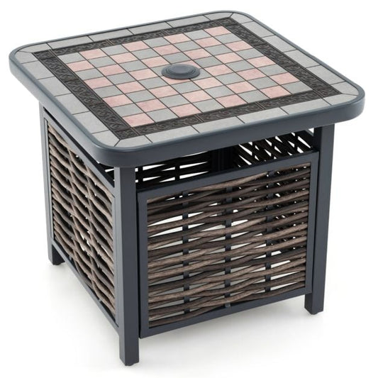 55cm Outdoor PE Rattan Side Table with Umbrella Hole and Metal Frame