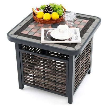 55cm Outdoor PE Rattan Side Table with Umbrella Hole and Metal Frame