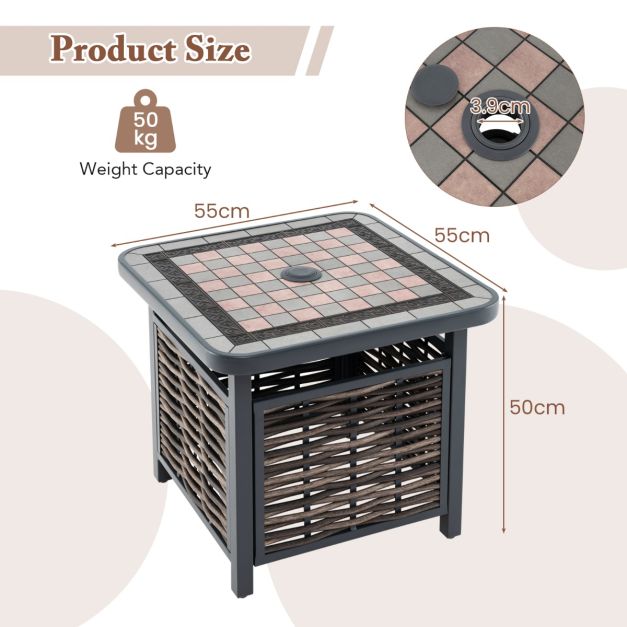 55cm Outdoor PE Rattan Side Table with Umbrella Hole and Metal Frame