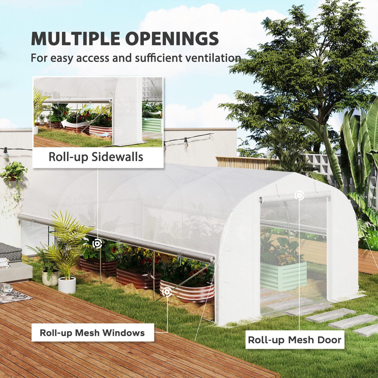 Tunel foliowy Outsunny 6 x 3 x 2 m, ściany boczne zwijane na zamek błyskawiczny, drzwi z siatki, 8 okien z siatki, namiot tunelowy z pokrowcem z polietylenu, bezpłatne etykiety na rośliny i rękawiczki, kolor biały