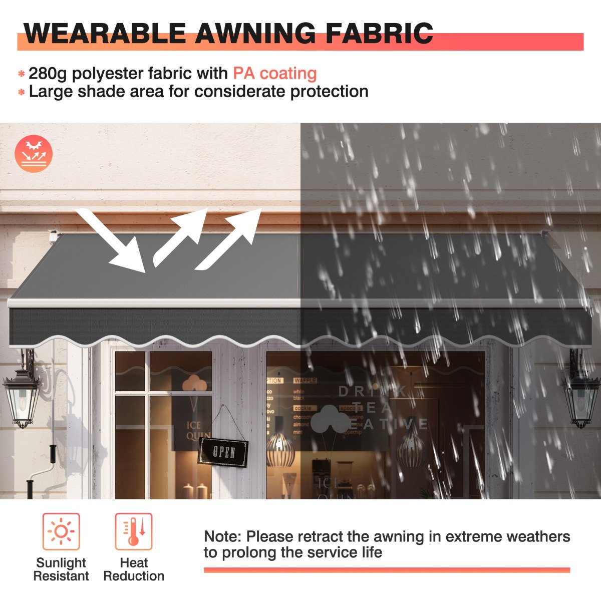 Aluminum Patio Sun Shade with Crank Handle and Water-Resistant Polyester-Grey