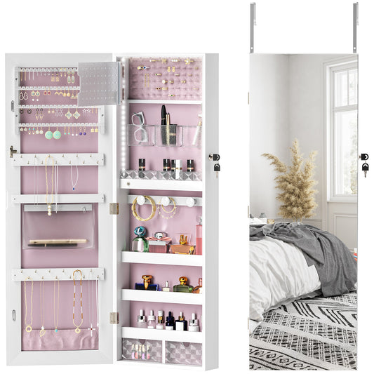 HOMCOM 108 x 37 cm Zamykana szafka na biżuterię z oświetleniem LED - biała powierzchnia i różowa podszewka