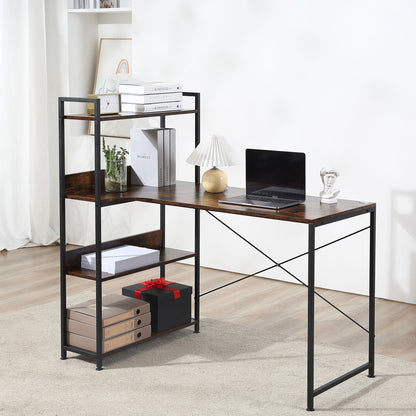 Biurko HOMCOM z półkami, biurko komputerowe 120 cm, industrialny stół do nauki z metalową ramą do małego biura domowego, rustykalny brąz