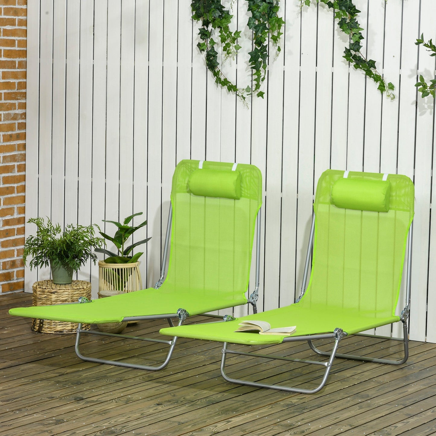 Outsunny Set of Two Steel Frame Sun Loungers, with Reclining Backs - Green