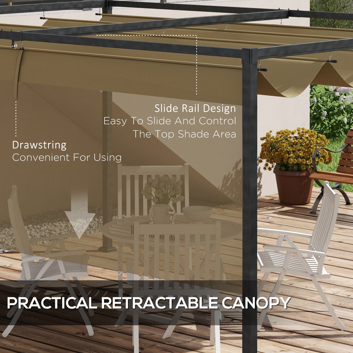 Outsunny 3x2m Metal Pergola with Retractable Roof, Garden Gazebo Canopy Shelter for Outdoor, Patio, Khaki