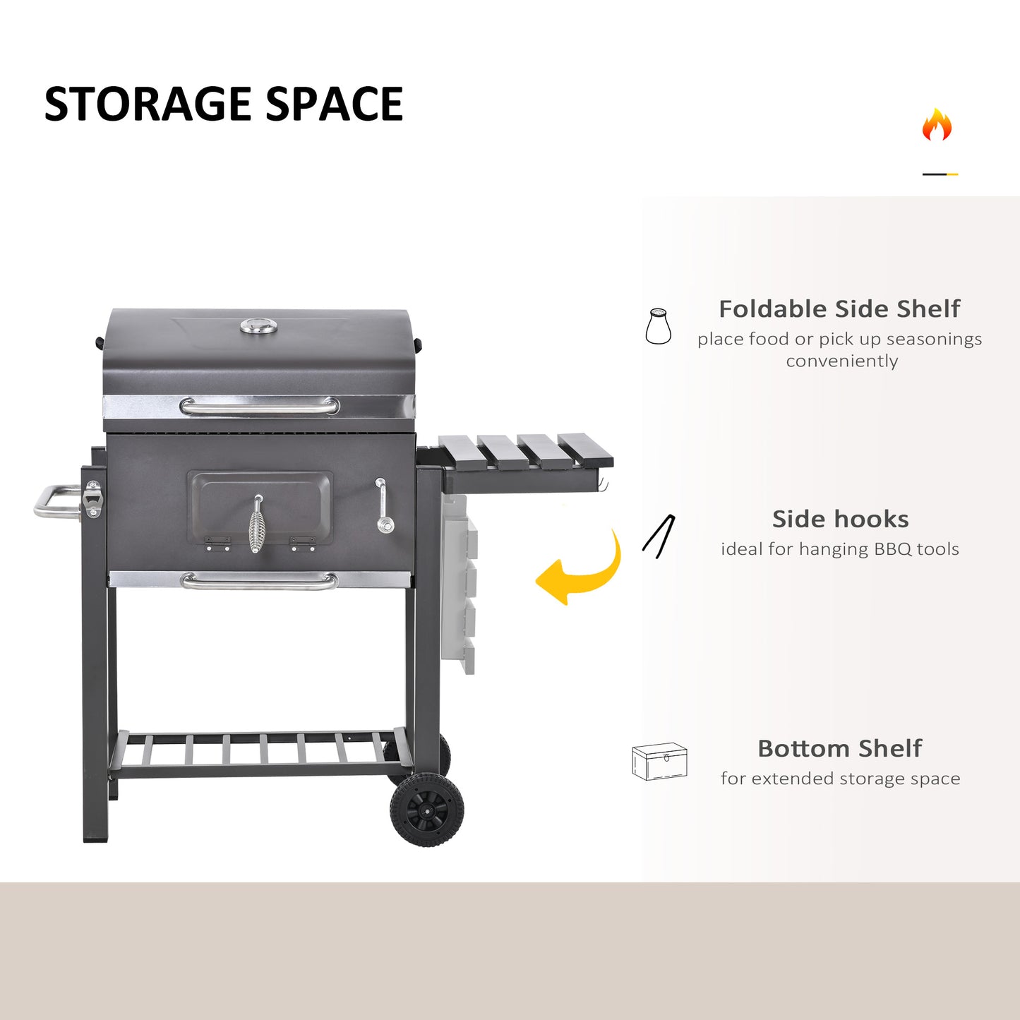 Wózek do grilla Outsunny Charcoal Grill z regulowanym rusztem węglowym, ogrodowy metalowy grill wędzarniczy z półką, stolikiem bocznym, kółkami, wbudowanym termometrem, otwieraczem do butelek