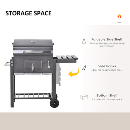 Wózek do grilla Outsunny Charcoal Grill z regulowanym rusztem węglowym, ogrodowy metalowy grill wędzarniczy z półką, stolikiem bocznym, kółkami, wbudowanym termometrem, otwieraczem do butelek