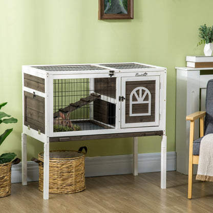 PawHut Wooden Rabbit Hutch, Guinea Pig Cage, with Removable Tray, Openable Roof
