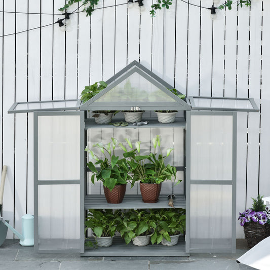 Outsunny Garden Zimna rama szklarni z poliwęglanu z regulowanymi półkami, podwójnymi drzwiami, otwieranymi górnymi pokrywami, domek do uprawy roślin kwiatowych i warzywnych, 80 x 47 x 138 cm, szary